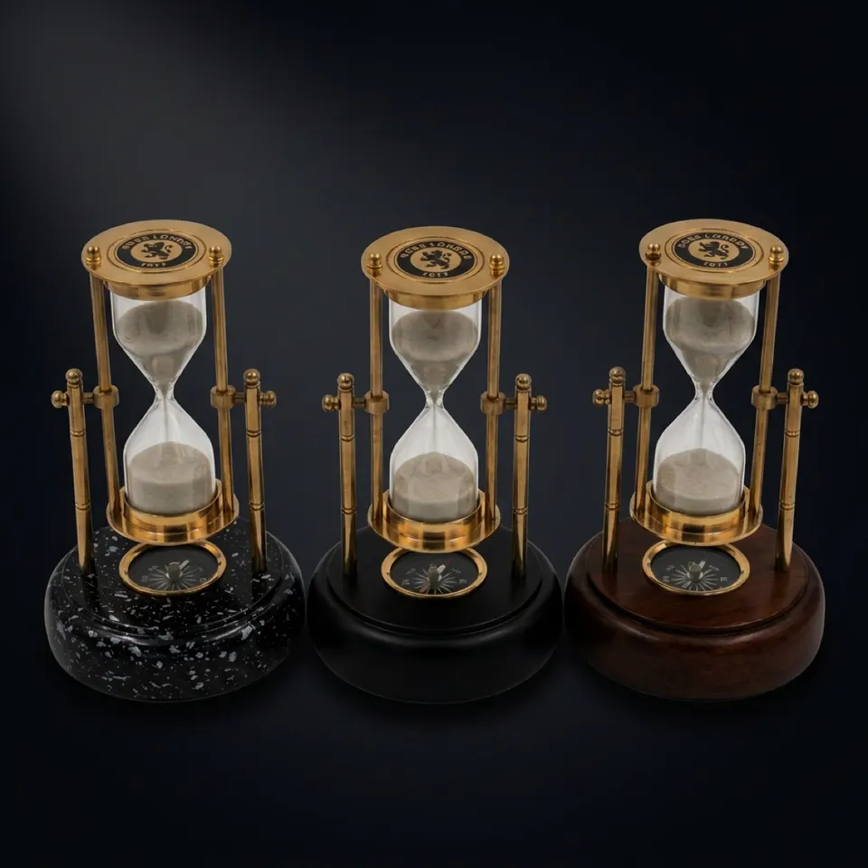 Rotating Brass Hourglass with Compass Base, 3-Minute