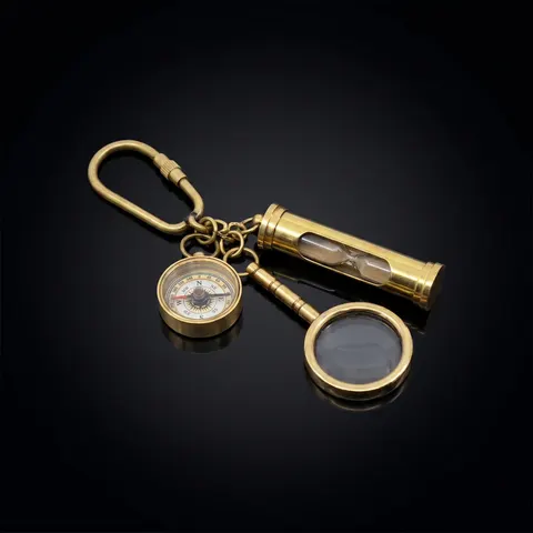 Brass Compass, Magnifier and Hourglass Keychain Set view 1