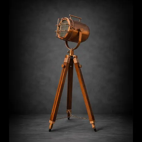 Copper Spotlight on Wooden Tripod view 1