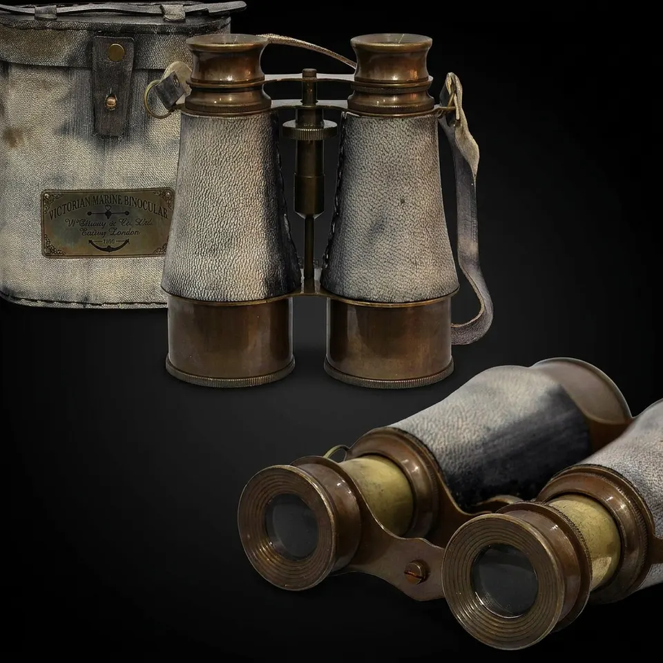 Victorian Brass Marine Binocular with Grey Leather Wrap and Belt