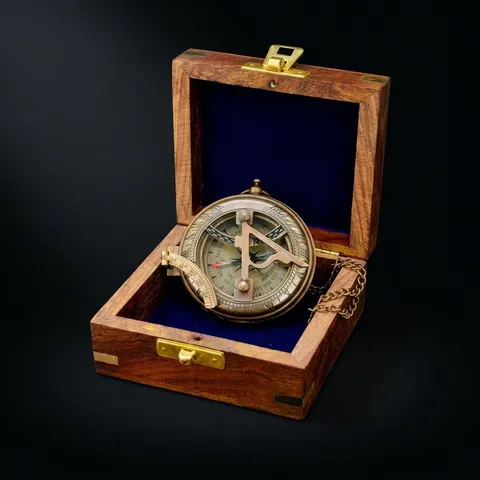 Antique Brass Sundial Compass with Fitted Wooden Presentation Box view 1