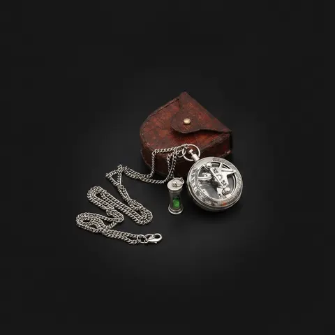 Brass Sundial Compass Pendant with Red Leather Case view 1