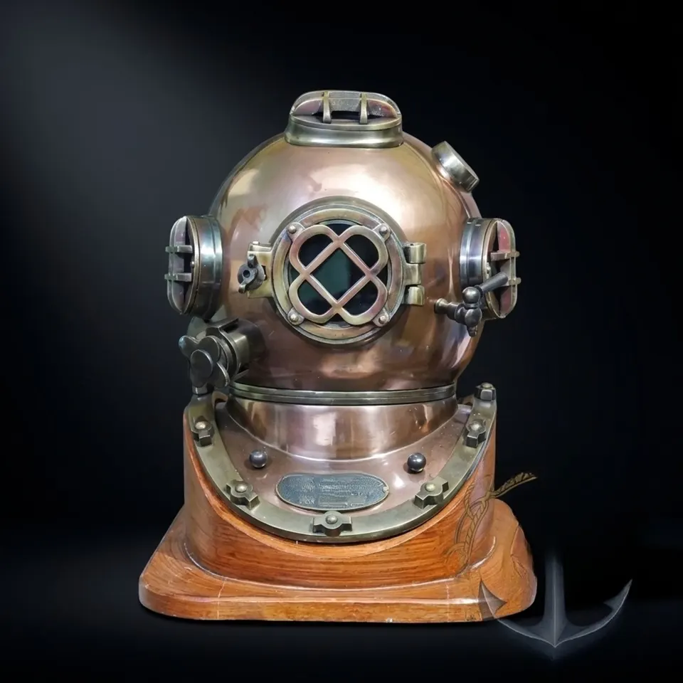 Copper Diving Helmet with Brown Antique Finish and Wooden Base