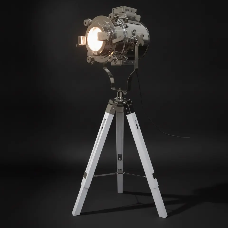 Chrome Spotlight on White Wooden Tripod