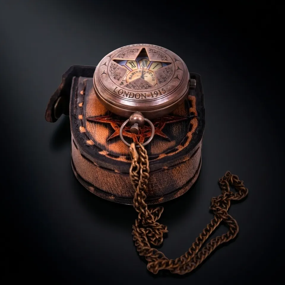 Brass Pocket Watch — Push-Button Leather Case