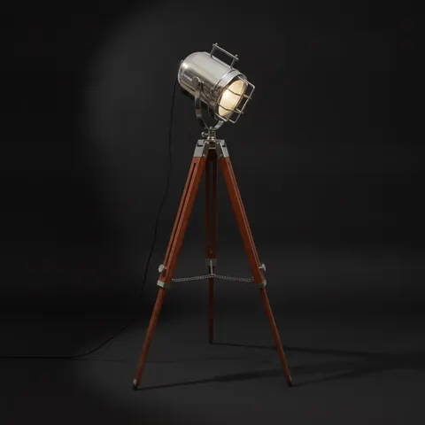 Chrome Spotlight on Wooden Tripod view 1