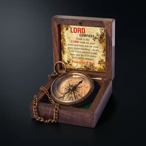 Proverbs 3:5-6 Compass, Wooden Box view 1