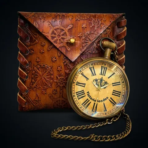 Brass Pocket Watch — Square Leather Case view 1