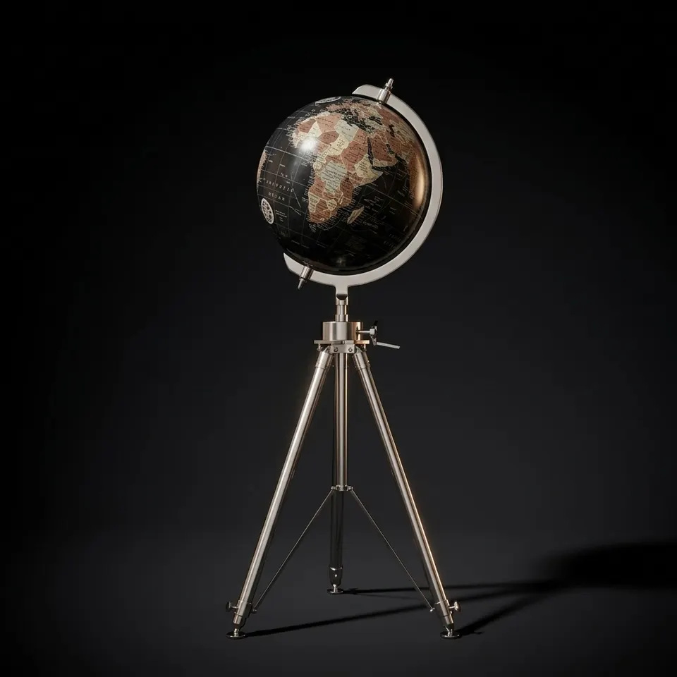 Dark Globe on All-Brass Chrome Tripod Stand with Rotating Wheel Height Adjustment