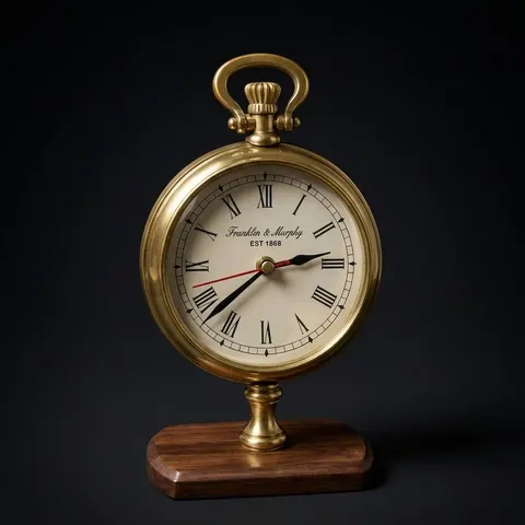 Tall Brass Desk Clock on Wooden Stand view 1