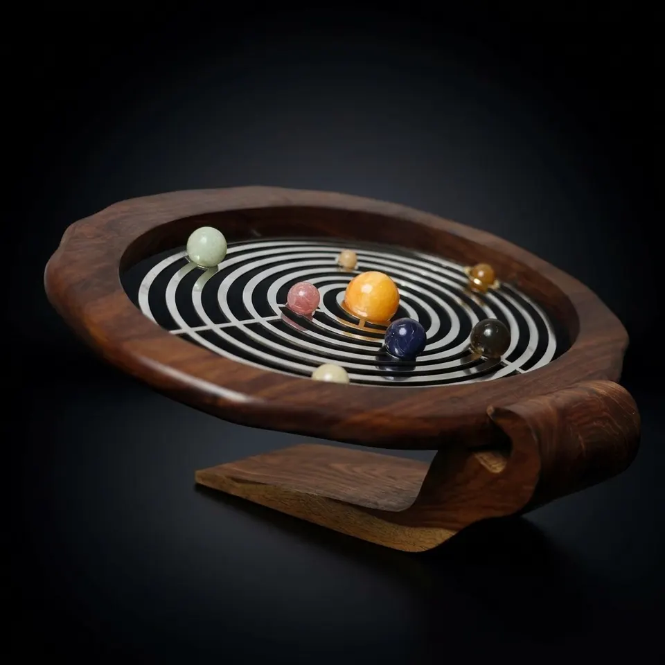 Oval Gemstone Solar System Desk Model on Rosewood Base