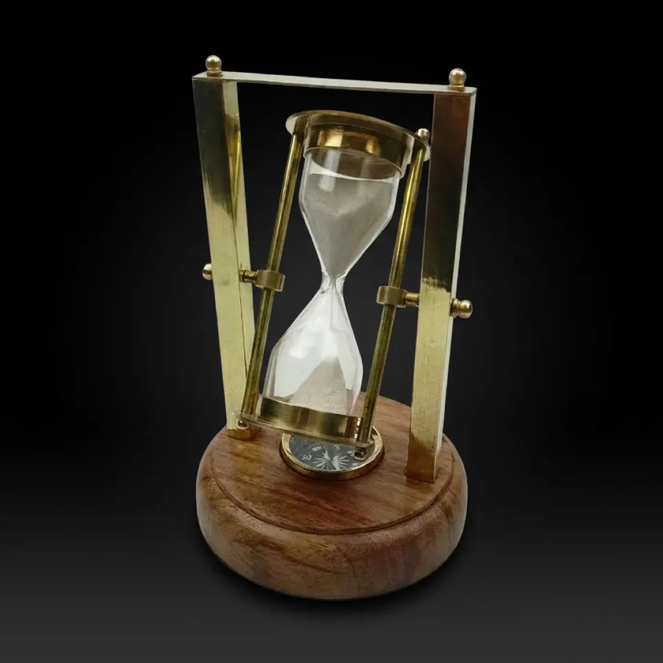 Rotating Brass Hourglass with Wooden Base and Compass, 3-Minute, White Sand