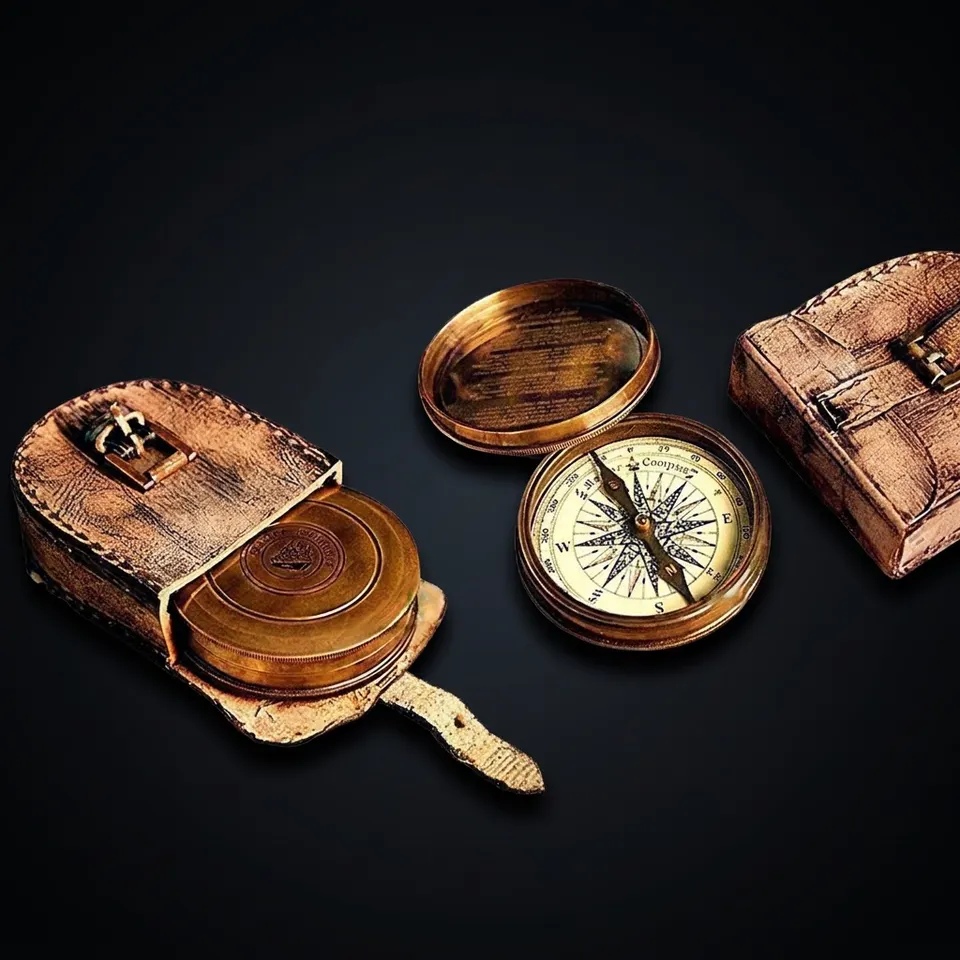 Robert Frost Quote Compass, Leather Case