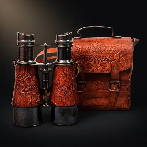 Antique Brass Binocular with Red Leather Wrap and Engraved Case view 1