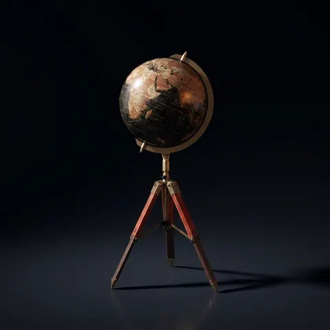 Large Dark Globe with Antique Brass Ring on Adjustable Wooden Tripod Stand view 1