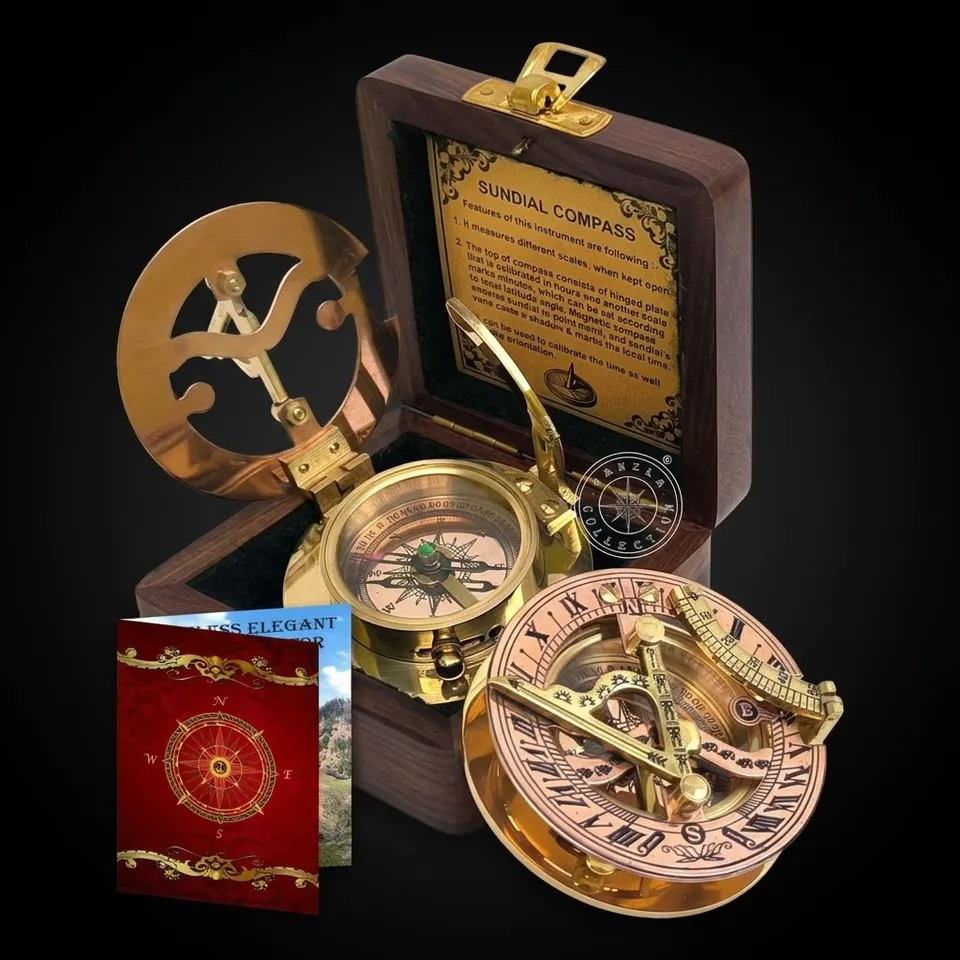 Polished Brass Sundial Compass with Fitted Wooden Presentation Box