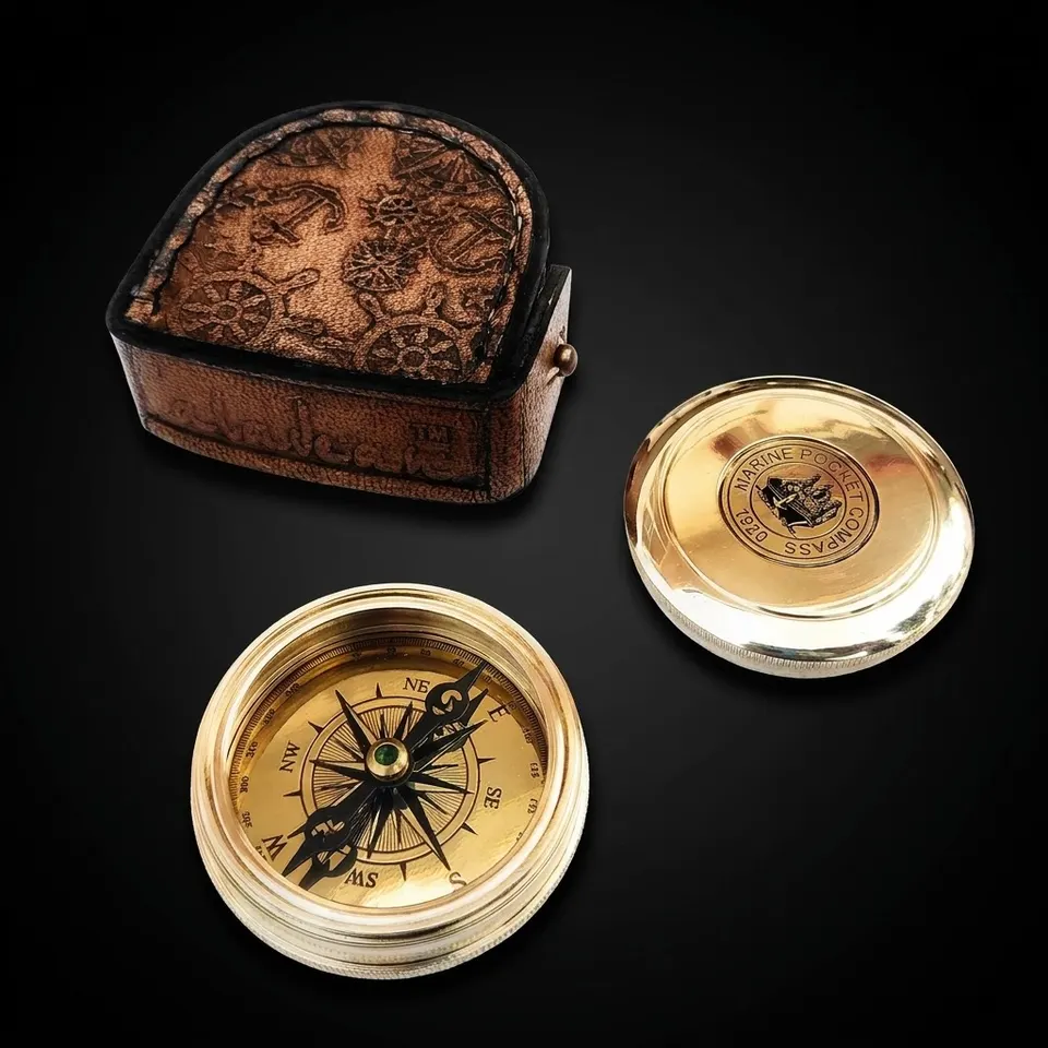 Polished Brass Compass, Leather Case