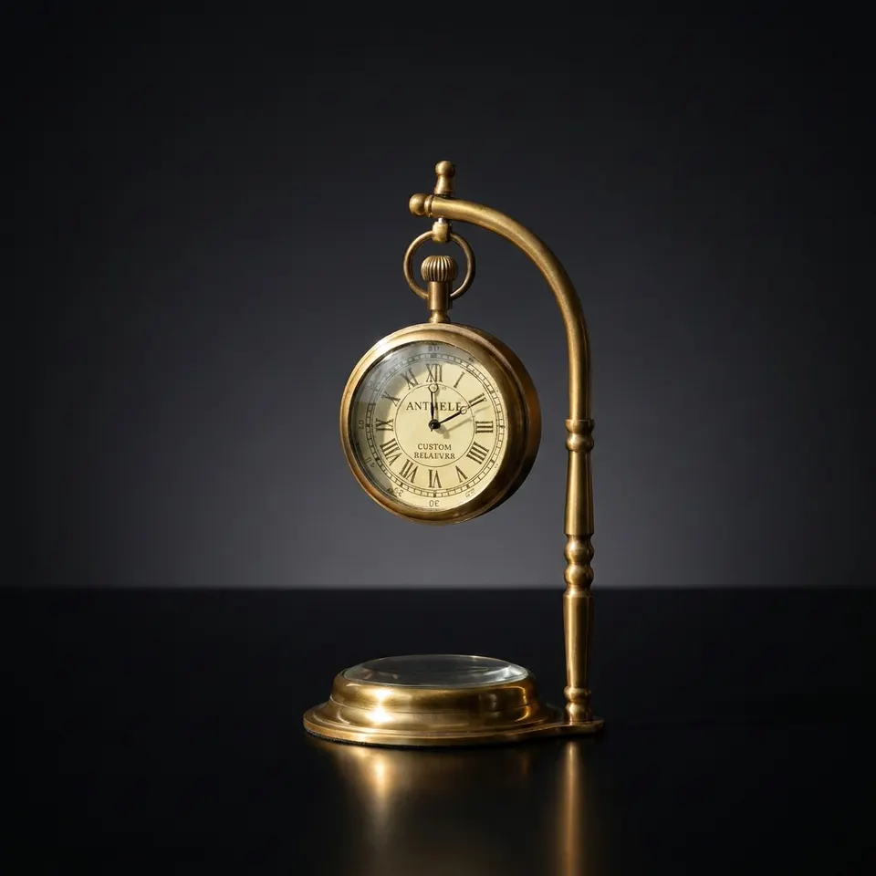 Hanging Brass Desk Clock with Working Compass
