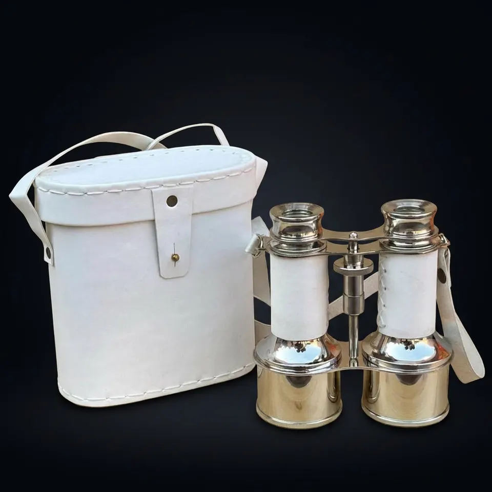 Nickel Chrome Brass Binocular with White Leather Wrap and Case