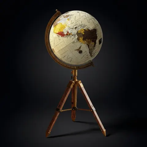 White Mapped Globe on Rosewood Tripod Stand with Antique Brass Ring view 1