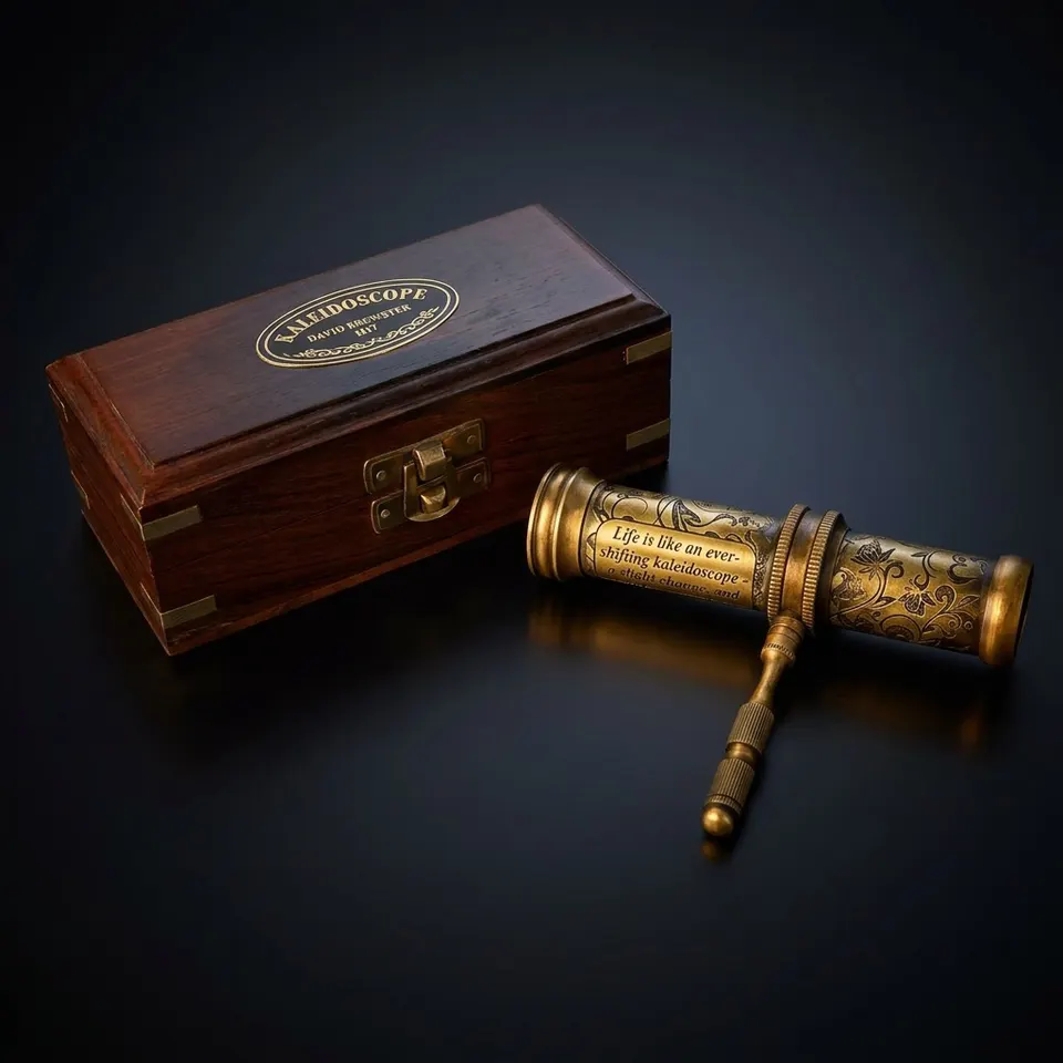Vintage Brass Kaleidoscope with Wooden Display Stand