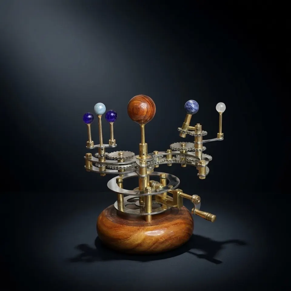 Brass Orrery Mini Solar System, Wooden Base