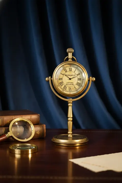 Brass Desk Clock on Single Rod Stand view 1