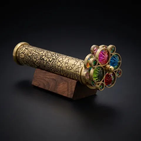 Lacquered Etched Brass Kaleidoscope with Two Turning Wheels view 1