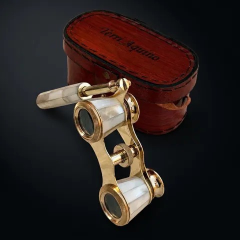 Brass Opera Glasses with Red Leather Case — Mother of Pearl view 1