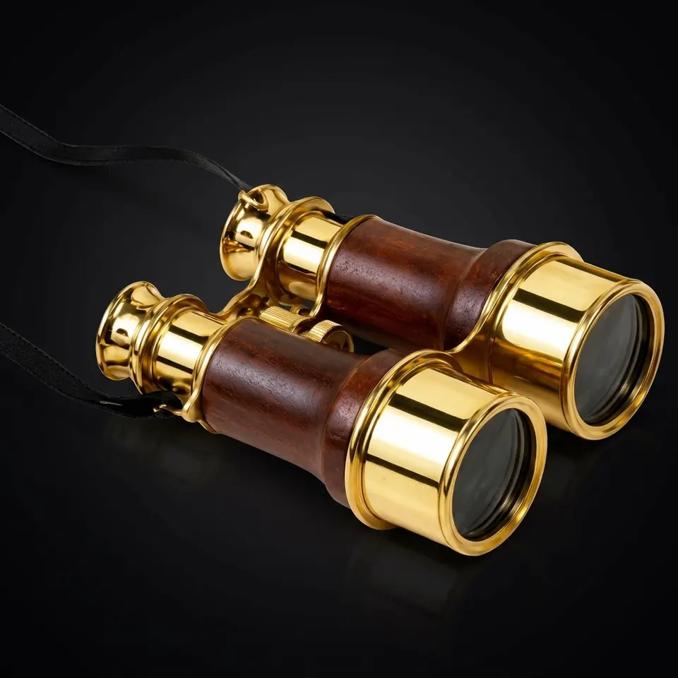 Polished Brass Binocular with Dark Brown Leather Wrap and Case