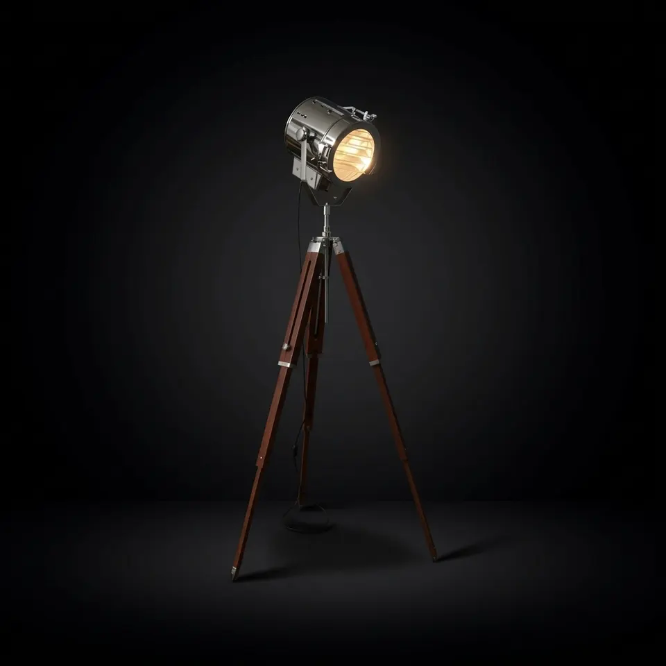 Chrome Spotlight on Wooden Tripod