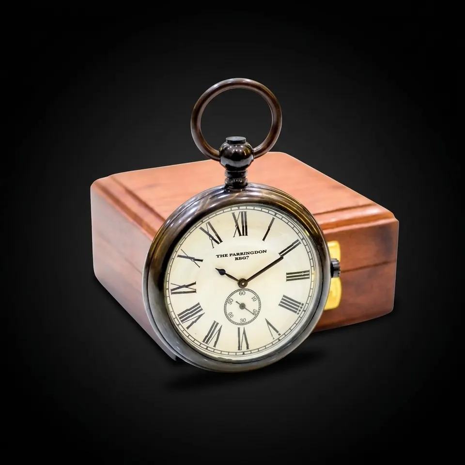 Brass Pocket Watch with Chain and Wooden Box