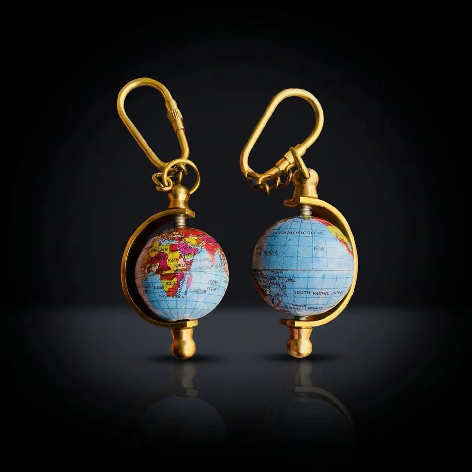 Spinning Globe Brass World Map Keychain