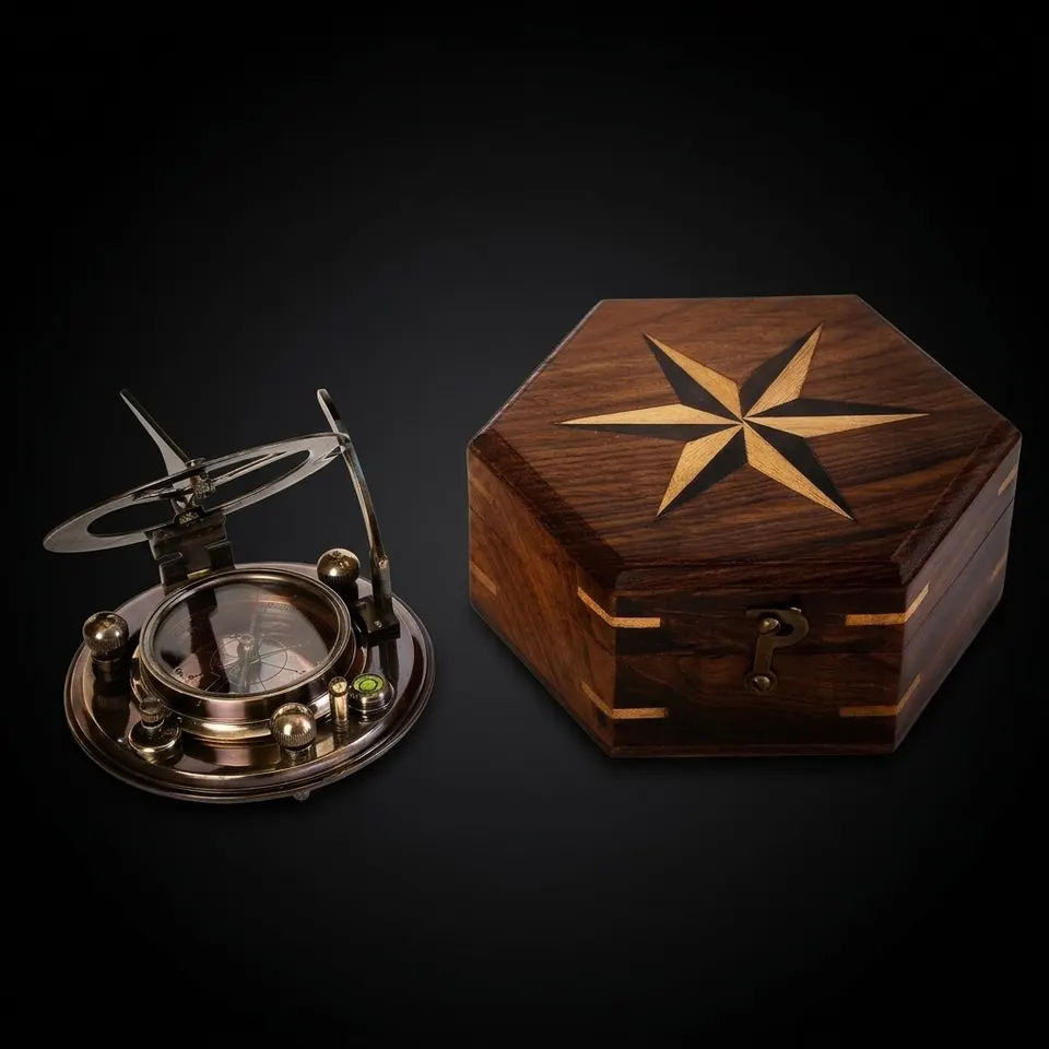 Black Antique Brass Sundial Compass with Hexagonal Wooden Presentation Box