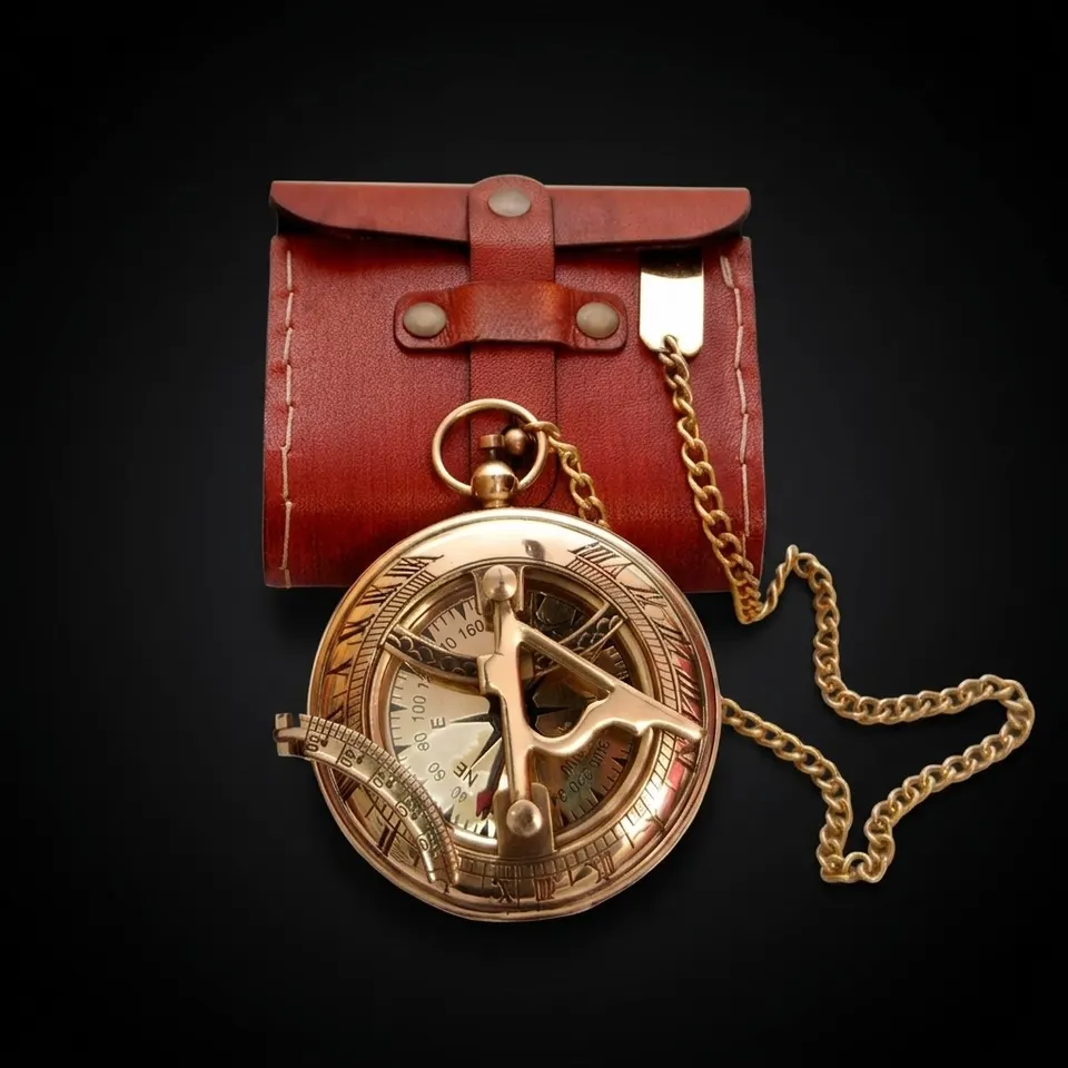 Antique Brass Sundial Compass with Red Leather Case