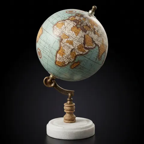 Desk Globe with Aqua Blue Map on Marble Base with Wooden and Brass Support view 1