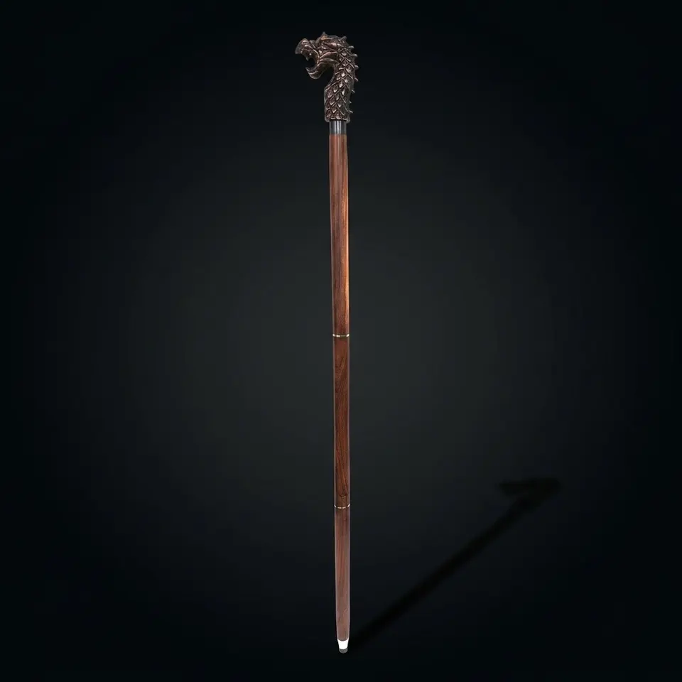 Antique Brass Dragon Handle Rosewood Walking Stick