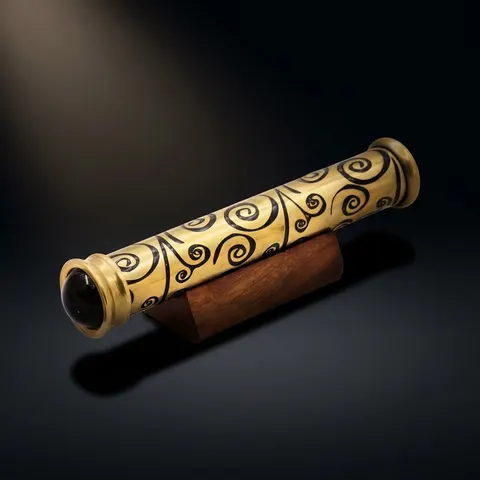 Tribal Etched Brass Teleidoscope with Wooden Stand view 1