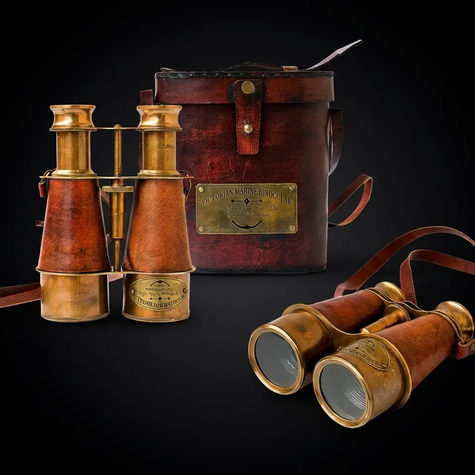 Victorian Brass Marine Binocular with Red Leather Wrap and Case