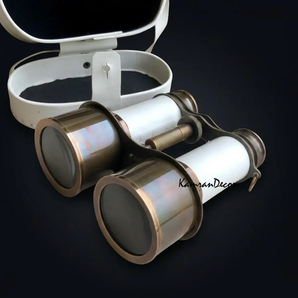Antique Brass Binocular with White Leather Wrap and Case