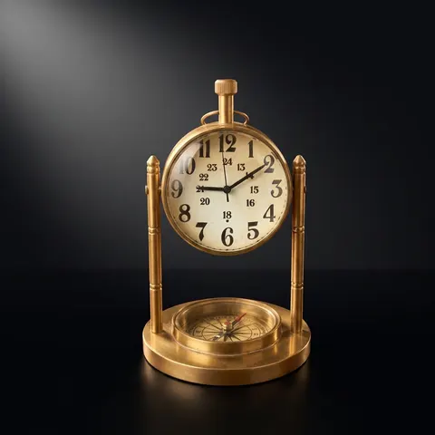 Brass Desk Clock with Working Compass, Victoria London Dial view 1