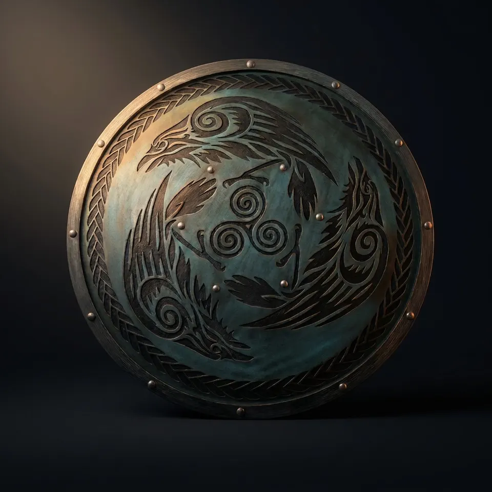 Handcrafted Engraved Crow Wooden Shield with Viking Norse Wall Decor