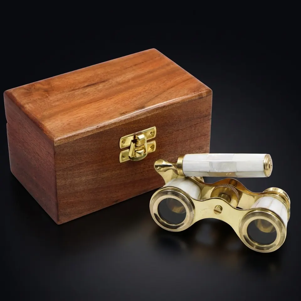 Brass Opera Glasses with Wooden Box — White Pearl