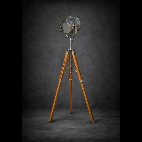 Chrome Spotlight on Wooden Tripod view 1
