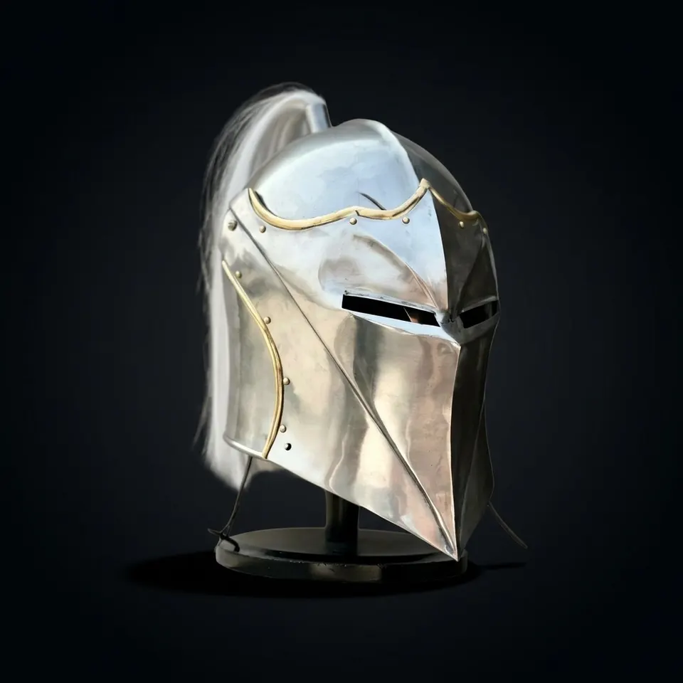 Gothic Knight Helmet — Steel Visor with Plume and Brass