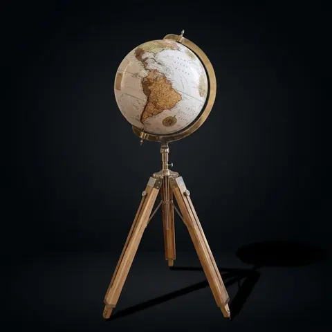 White Globe with Adjustable Wooden Tripod Stand and Chrome Nickel Brass Finish view 1