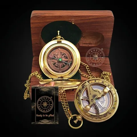 Polished Brass Sundial Compass with Fitted Wooden Presentation Box view 1