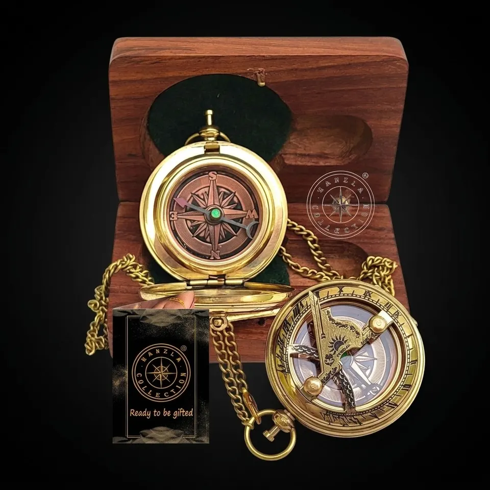Polished Brass Sundial Compass with Fitted Wooden Presentation Box