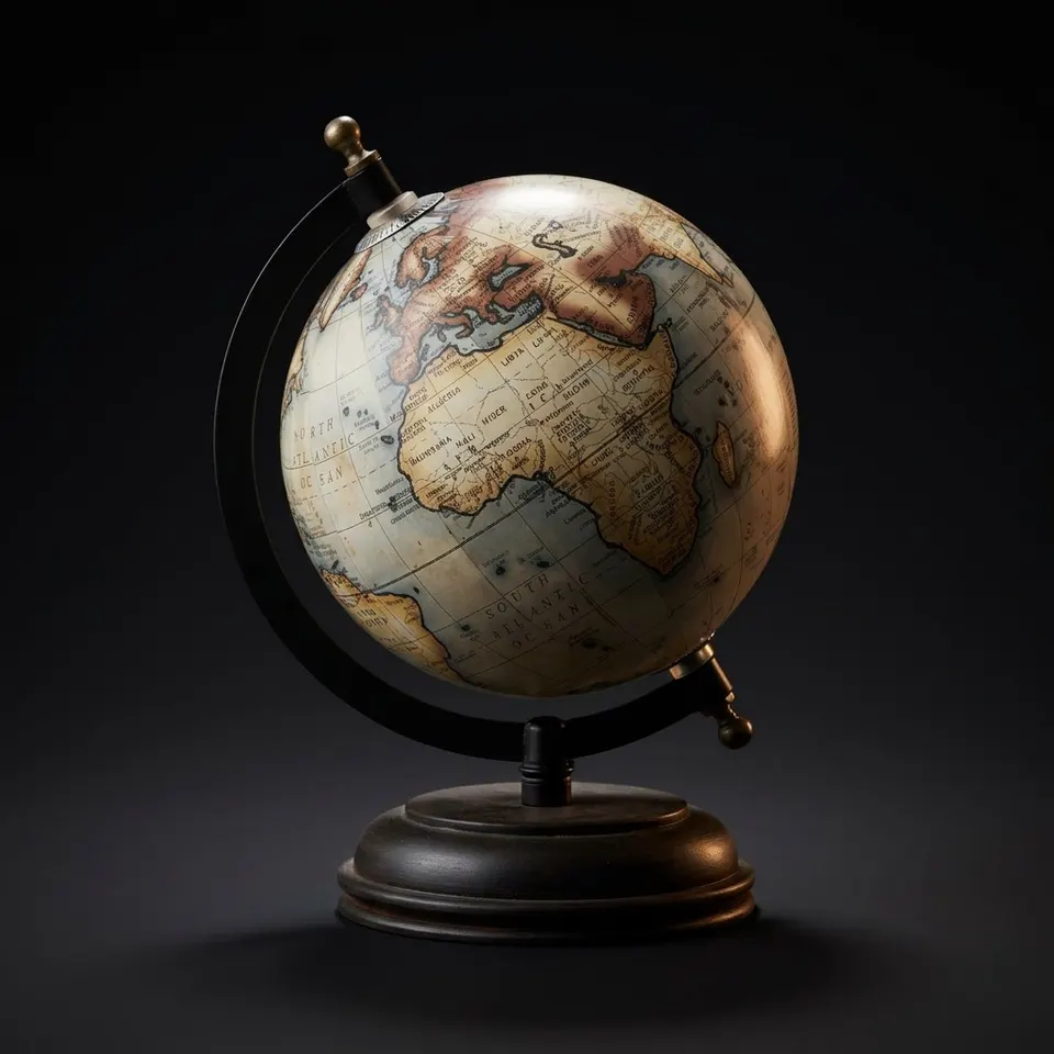 Decorative Desk Globe with Black Antique Brass Ring and Black Wooden Base