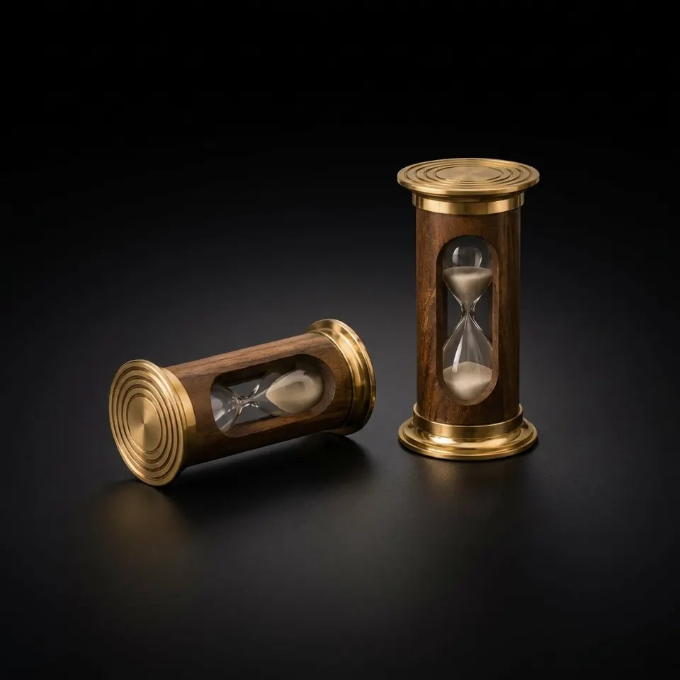 Wood and Brass Hourglass, 1-Minute, Engraved Detail